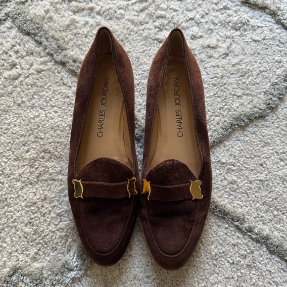 Charles Jourdan chocolate brown loafers suede leather slip on 7.5 - Picture 1 of 12